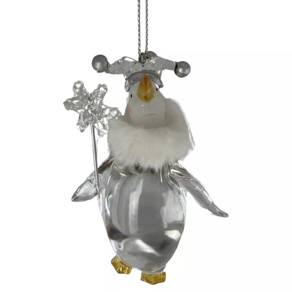 Christmas Ornament Penguin Clear Acrylic Faux Fur Trim w/ Scepter King Cute - Picture 3 of 3